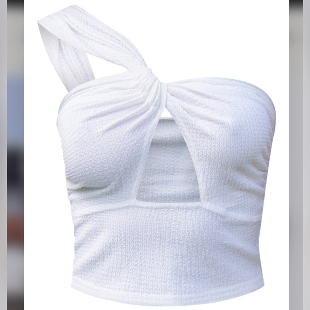 PLT Twist Front One Shoulder White Crop Top - Medium